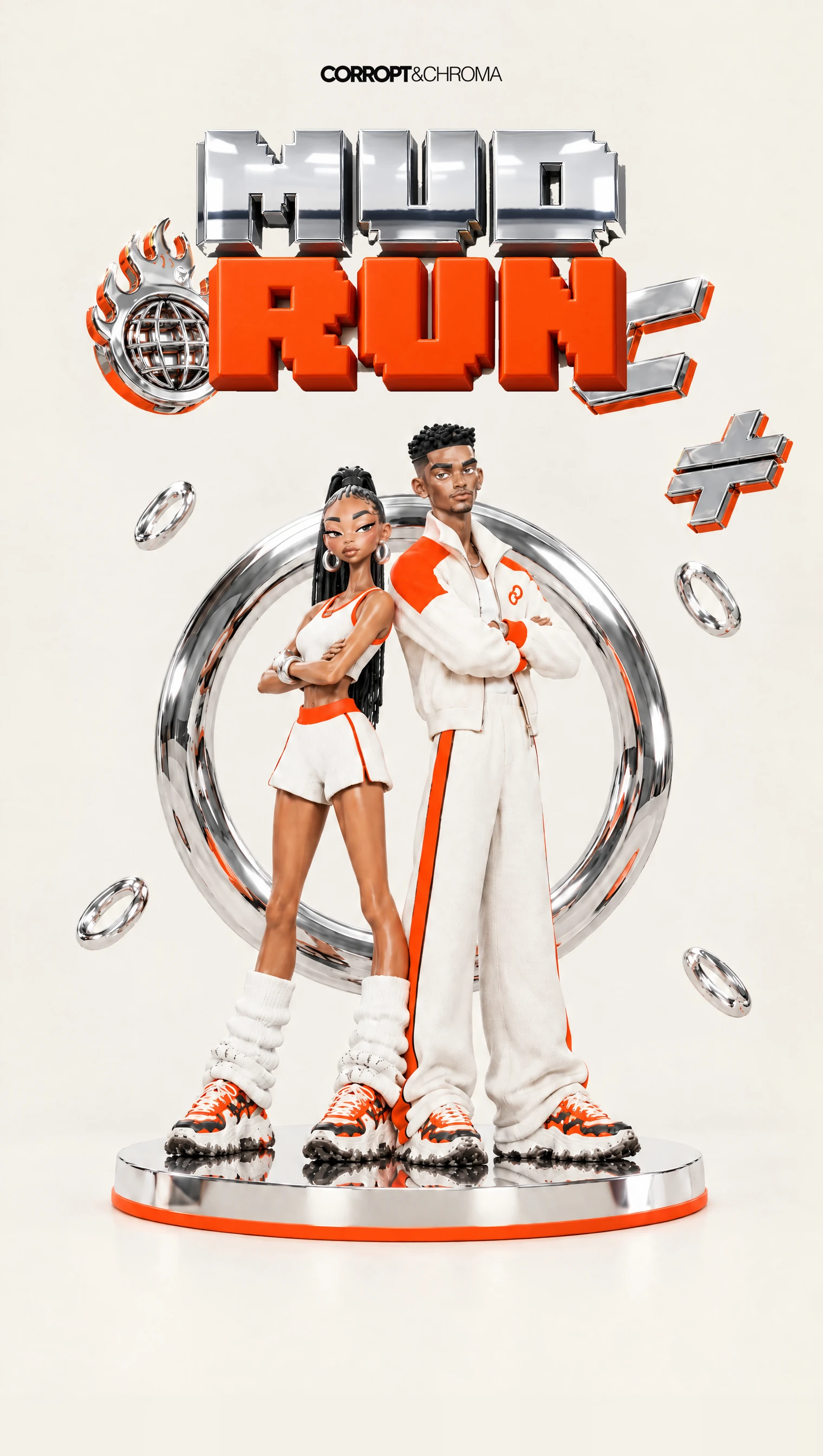 Mud Run: SHAE and Junior back to back on a chrome plinth inside a chrome ring, with the chrome globe, C and crossed-sign symbols.